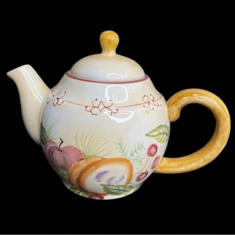Crate & Barrel Winter Orchard Ceramic Teapot in EUC ~ crazing